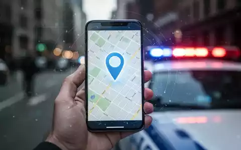 Ein Smartphone zeigt eine Karte mit einem Standort-Pin, umgeben von digitalen Sicherheitselementen. Im Hintergrund verschwimmt eine Stadtlandschaft. - Foto: über boerse-global.de