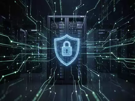 Abstrakte Darstellung von Cybersicherheit mit digitalen Datenströmen, die auf einen sicheren Server zulaufen, um Compliance zu symbolisieren. - Foto: über boerse-global.de
