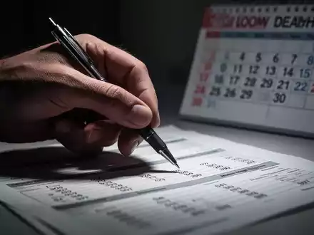 Nahaufnahme einer gestressten Hand, die einen Stift über einem Steuerformular hält, mit einem Kalender im Hintergrund, der eine nahende Frist zeigt. - Foto: über boerse-global.de