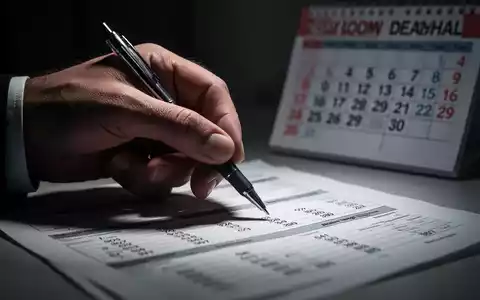 Nahaufnahme einer gestressten Hand, die einen Stift über einem Steuerformular hält, mit einem Kalender im Hintergrund, der eine nahende Frist zeigt. - Foto: über boerse-global.de