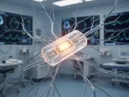 Ein durchscheinendes, bioresorbierbares Nervenstimulator-Implantat inmitten komplexer, sich regenerierender Nervenfasern mit leichtem Glühen. - Foto: über boerse-global.de