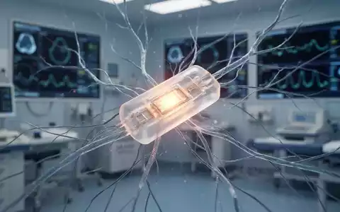 Ein durchscheinendes, bioresorbierbares Nervenstimulator-Implantat inmitten komplexer, sich regenerierender Nervenfasern mit leichtem Glühen. - Foto: über boerse-global.de