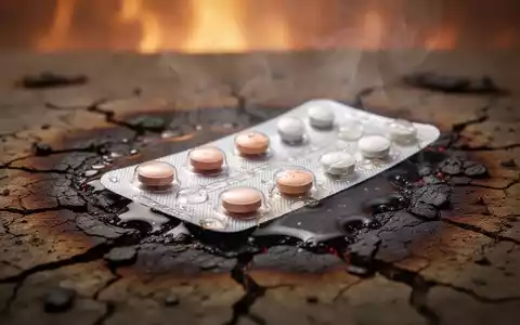 Eine teilweise geschmolzene Blisterpackung mit Pillen auf einer rissigen Oberfläche, die die Auswirkung von Hitze auf Medikamente darstellt. - Foto: über boerse-global.de