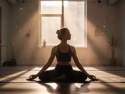 Eine Person in einer entspannten Yoga-Pose auf einer Matte, umgeben von weichem Licht in einem ruhigen Raum. - Foto: über boerse-global.de