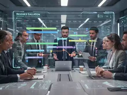 Ein vielfältiges Team von Geschäftsleuten arbeitet an einem holografischen Projektplan, der Ressourcenzuweisungen und Zeitlinien zeigt. - Foto: über boerse-global.de