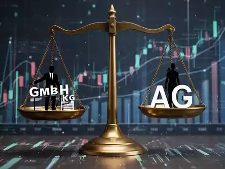 Eine Waage, die verschiedene stilisierte Unternehmensformen wie GmbH und KG ausbalanciert, mit Finanzdaten im Hintergrund. - Foto: über boerse-global.de