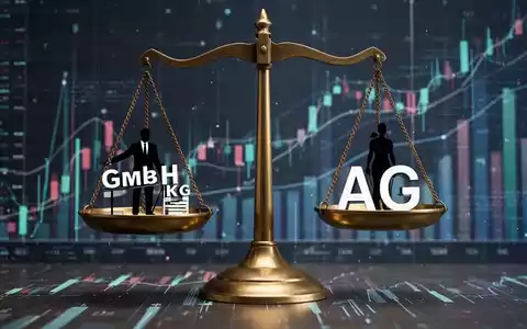 Eine Waage, die verschiedene stilisierte Unternehmensformen wie GmbH und KG ausbalanciert, mit Finanzdaten im Hintergrund. - Foto: über boerse-global.de
