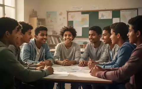 Eine vielfältige Gruppe junger Geflüchteter in einer unterstützenden Umgebung, die in einer Gruppenaktivität engagiert sind, mit einem Gefühl der Hoffnung. - Foto: über boerse-global.de