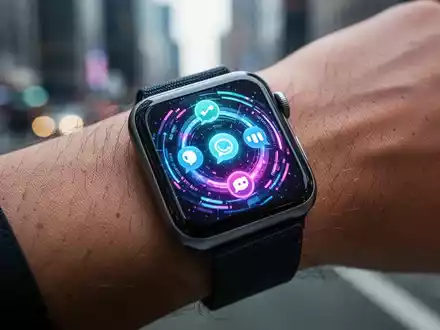 Nahaufnahme einer Apple Watch am Handgelenk mit futuristischem Interface und Kommunikationssymbolen vor verschwommenem Stadtbild. - Foto: über boerse-global.de