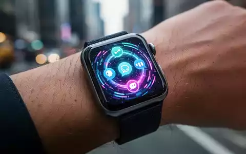 Nahaufnahme einer Apple Watch am Handgelenk mit futuristischem Interface und Kommunikationssymbolen vor verschwommenem Stadtbild. - Foto: über boerse-global.de