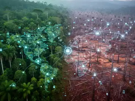 Eine abstrakte Darstellung von Lieferketten und Entwaldung, mit Fokus auf Palmöl. Grüne Vegetation geht in abgeholzte Flächen über. - Foto: über boerse-global.de