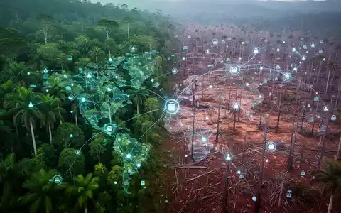 Eine abstrakte Darstellung von Lieferketten und Entwaldung, mit Fokus auf Palmöl. Grüne Vegetation geht in abgeholzte Flächen über. - Foto: über boerse-global.de