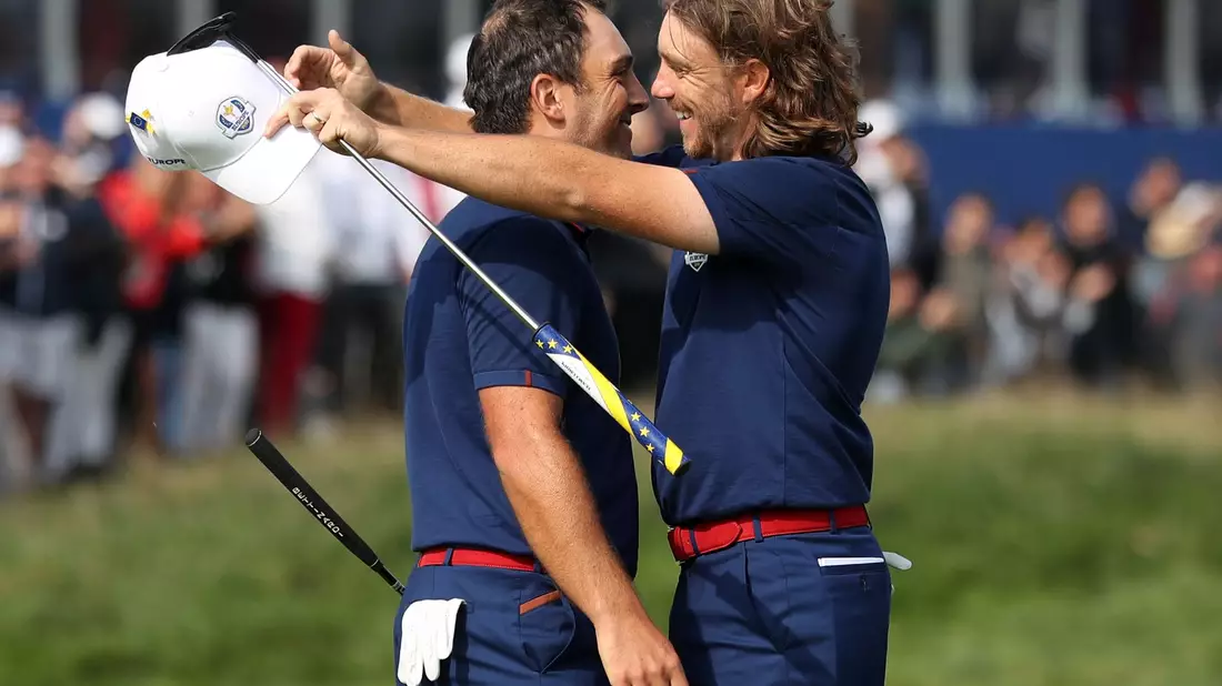 Tommy Fleetwood (r) und Francesco Molinari beim Ryder Cup 2018 in Paris. (Archivbild) - Bild: David Davies/PA Wire/dpa