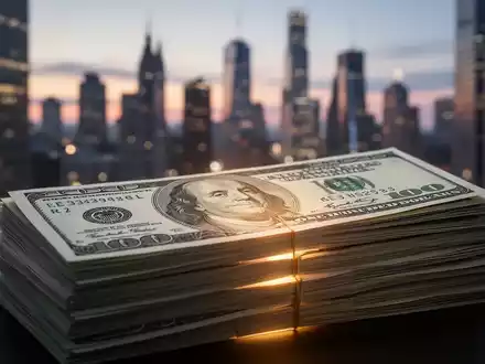Nahaufnahme eines Stapels frischer 100-Dollar-Scheine mit einem unscharfen Finanzviertel im Hintergrund, symbolisiert neue Investitionen. - Foto: über boerse-global.de
