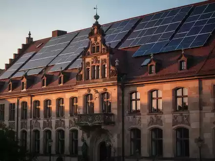 Historisches deutsches Gebäude mit modernen Solarpaneelen auf dem Dach, das die Verbindung von Denkmalschutz und erneuerbaren Energien symbolisiert. - Foto: über boerse-global.de