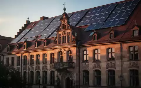 Historisches deutsches Gebäude mit modernen Solarpaneelen auf dem Dach, das die Verbindung von Denkmalschutz und erneuerbaren Energien symbolisiert. - Foto: über boerse-global.de