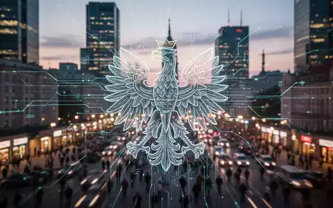 Ein stilisiertes polnisches Adler-Emblem, durchzogen von digitalen Linien, vor dem Hintergrund einer verschwommenen Warschauer Skyline bei Dämmerung. - Foto: über boerse-global.de