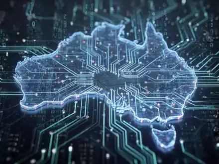Leuchtende Leiterplatte mit Datenflüssen, dezent überlagert von einer abstrakten Karte Australiens, symbolisiert KI-Regulierung. - Foto: über boerse-global.de