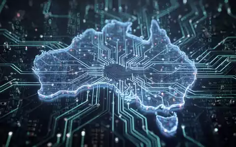Leuchtende Leiterplatte mit Datenflüssen, dezent überlagert von einer abstrakten Karte Australiens, symbolisiert KI-Regulierung. - Foto: über boerse-global.de