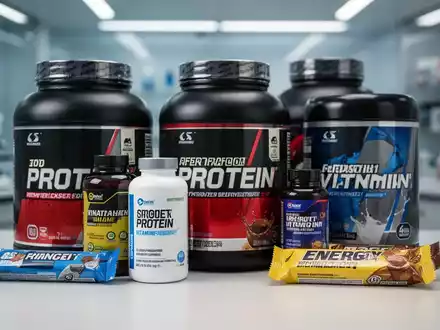 Nahaufnahme verschiedener Sportnahrungsergänzungsmittel wie Proteinpulver und Vitaminflaschen auf einer modernen Oberfläche. - Foto: über boerse-global.de