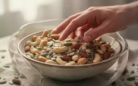 Eine Hand berĂŒhrt eine Schale mit NĂŒssen und Samen, die gesunde Proteinquellen darstellen. - Foto: ĂŒber boerse-global.de