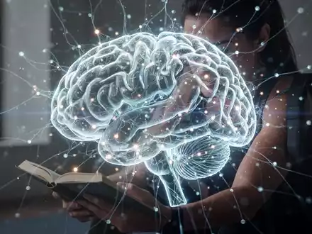 Eine stilisierte, leuchtende neuronale Netz- oder Gehirnillustration über einem unscharfen Hintergrund einer fokussierten Person. - Foto: über boerse-global.de