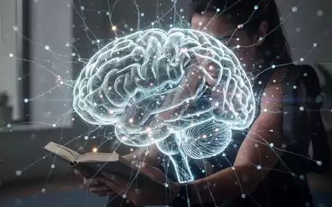 Eine stilisierte, leuchtende neuronale Netz- oder Gehirnillustration über einem unscharfen Hintergrund einer fokussierten Person. - Foto: über boerse-global.de