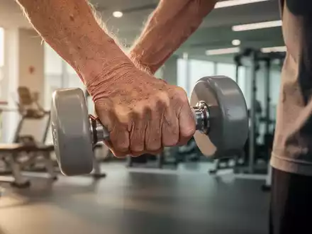 Eine Nahaufnahme der Hand einer älteren Person, die eine leichte Hantel in einem modernen Fitnessstudio hält. - Foto: über boerse-global.de