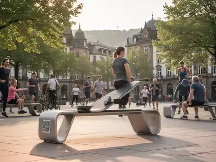 Moderne Fitnessbank in einem öffentlichen Stadtplatz in Koblenz, Menschen trainieren im Alltag. Sonniges Wetter. - Foto: über boerse-global.de