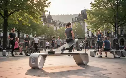 Moderne Fitnessbank in einem öffentlichen Stadtplatz in Koblenz, Menschen trainieren im Alltag. Sonniges Wetter. - Foto: über boerse-global.de