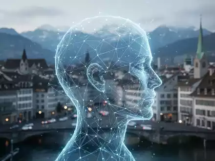 Abstrakte Darstellung eines menschlichen Kopfes aus digitalen Linien vor einer verschwommenen Schweizer Stadtlandschaft. - Foto: über boerse-global.de
