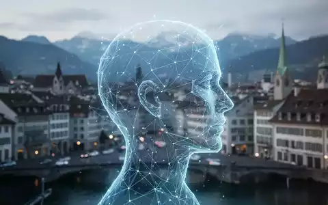 Abstrakte Darstellung eines menschlichen Kopfes aus digitalen Linien vor einer verschwommenen Schweizer Stadtlandschaft. - Foto: über boerse-global.de