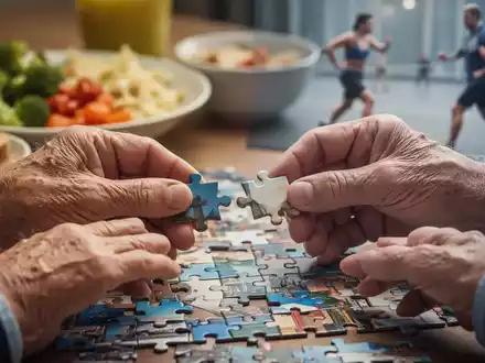 Ältere Hände lösen ein Puzzle, im Hintergrund unscharf sind gesunde Ernährung und körperliche Aktivität angedeutet. - Foto: über boerse-global.de