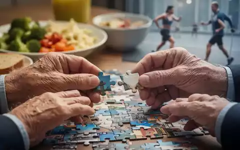 Ältere Hände lösen ein Puzzle, im Hintergrund unscharf sind gesunde Ernährung und körperliche Aktivität angedeutet. - Foto: über boerse-global.de