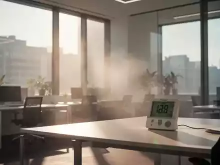 Ein modernes Büro mit großen Fenstern, durch die Sonnenlicht fällt und eine hohe Temperatur auf einem digitalen Thermometer anzeigt. - Foto: über boerse-global.de