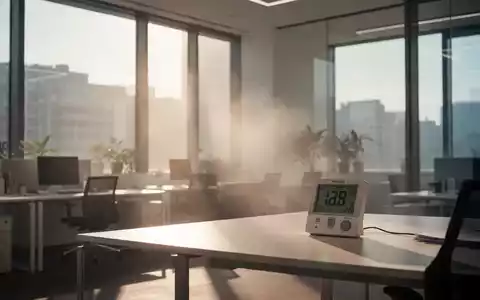 Ein modernes Büro mit großen Fenstern, durch die Sonnenlicht fällt und eine hohe Temperatur auf einem digitalen Thermometer anzeigt. - Foto: über boerse-global.de