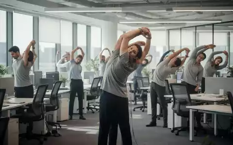 Eine Gruppe von Büroangestellten, die im Büro einfache Rückenübungen zur Mobilisierung und Schmerzlinderung durchführen. - Foto: über boerse-global.de