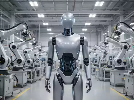 Schlanker, futuristischer humanoider Roboter, ähnlich Tesla Optimus, in High-Tech-Fabrik mit Roboterarmen im Hintergrund. - Foto: über boerse-global.de