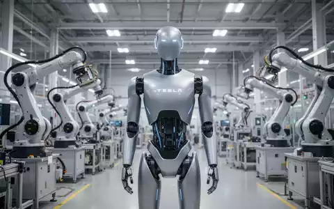 Schlanker, futuristischer humanoider Roboter, ähnlich Tesla Optimus, in High-Tech-Fabrik mit Roboterarmen im Hintergrund. - Foto: über boerse-global.de