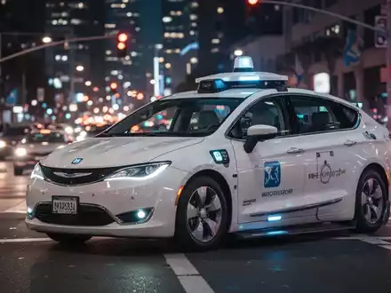 Ein Waymo-Robotaxi steht an einer städtischen Kreuzung, die Scheinwerfer spiegeln sich auf nassem Asphalt. Der Hintergrund ist mit Stadtlichtern verschwommen. - Foto: über boerse-global.de