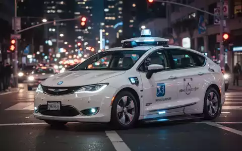 Ein Waymo-Robotaxi steht an einer städtischen Kreuzung, die Scheinwerfer spiegeln sich auf nassem Asphalt. Der Hintergrund ist mit Stadtlichtern verschwommen. - Foto: über boerse-global.de