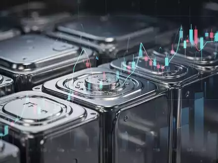 Nahaufnahme von Lithium-Ionen-Batteriezellen mit einem angedeuteten, aufwärts gerichteten Börsenkursdiagramm im Hintergrund. - Foto: über boerse-global.de
