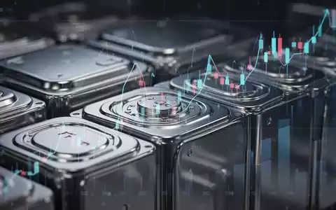 Nahaufnahme von Lithium-Ionen-Batteriezellen mit einem angedeuteten, aufwärts gerichteten Börsenkursdiagramm im Hintergrund. - Foto: über boerse-global.de