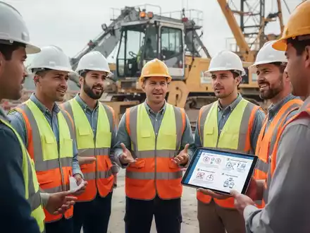 Zeitarbeiter in Schutzkleidung bei einer Sicherheitseinweisung auf einer Baustelle, mit Fokus auf Sicherheitsausrüstung und digitaler Anzeige. - Foto: über boerse-global.de