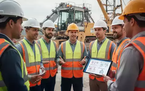 Zeitarbeiter in Schutzkleidung bei einer Sicherheitseinweisung auf einer Baustelle, mit Fokus auf Sicherheitsausrüstung und digitaler Anzeige. - Foto: über boerse-global.de