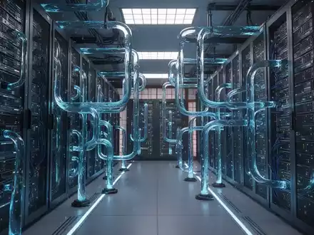 Futuristisches Rechenzentrum mit blauen Flüssigkeitskühlschläuchen um Server-Racks, Symbol für KI-Infrastruktur und Wärmemanagement. - Foto: über boerse-global.de