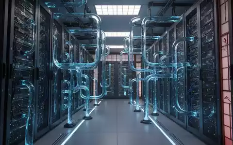 Futuristisches Rechenzentrum mit blauen Flüssigkeitskühlschläuchen um Server-Racks, Symbol für KI-Infrastruktur und Wärmemanagement. - Foto: über boerse-global.de
