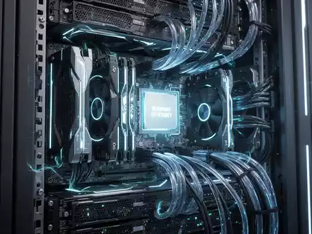 Nahaufnahme eines futuristischen NVIDIA Blackwell NVL72 KI-Rechenzentrum-Racks, leuchtend mit integrierten GPUs und CPUs, Symbol für Effizienz. - Foto: über boerse-global.de