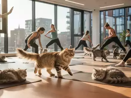 Menschen machen Yoga in einem sonnigen Studio, während Katzen friedlich zwischen ihnen herumstreifen und entspannen. - Foto: über boerse-global.de