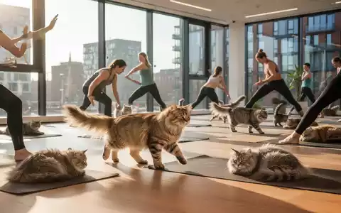 Menschen machen Yoga in einem sonnigen Studio, während Katzen friedlich zwischen ihnen herumstreifen und entspannen. - Foto: über boerse-global.de